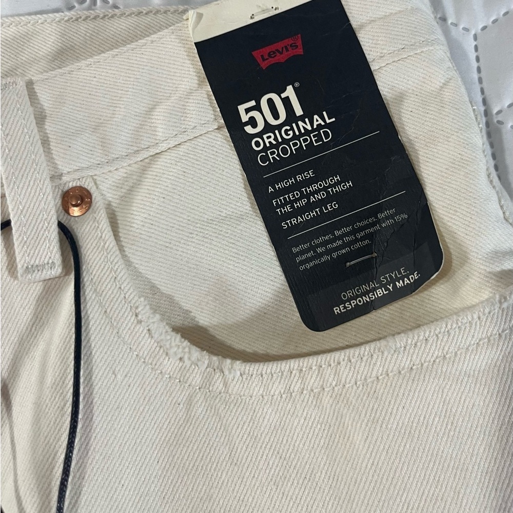 Levi's 501 Button Fly Cropped Straight Distressed Jeans Cream Women's Size 30 - Picture 6 of 12